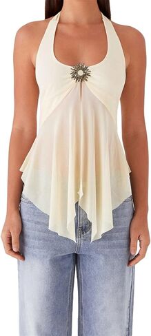 Women Halter Tie Up Top Sexy Sheer Mesh Sleeveless Backless Low Cut Flowy Tops in Saudi Arabia
