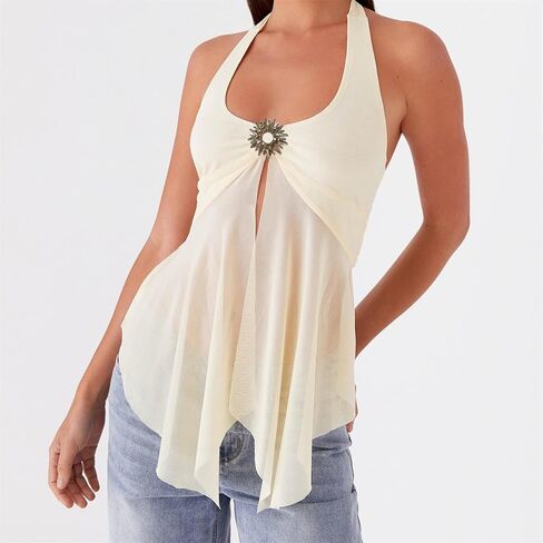 Women Halter Tie Up Top Sexy Sheer Mesh Sleeveless Backless Low Cut Flowy Tops in Saudi Arabia