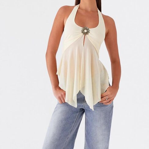 Women Halter Tie Up Top Sexy Sheer Mesh Sleeveless Backless Low Cut Flowy Tops in Saudi Arabia
