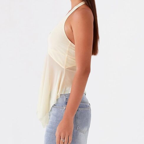 Women Halter Tie Up Top Sexy Sheer Mesh Sleeveless Backless Low Cut Flowy Tops in Saudi Arabia