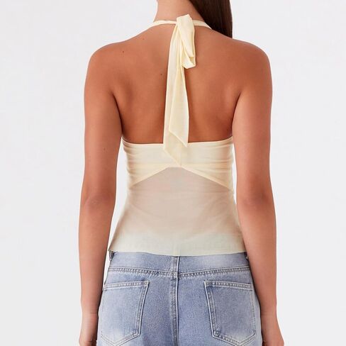 Women Halter Tie Up Top Sexy Sheer Mesh Sleeveless Backless Low Cut Flowy Tops in Saudi Arabia