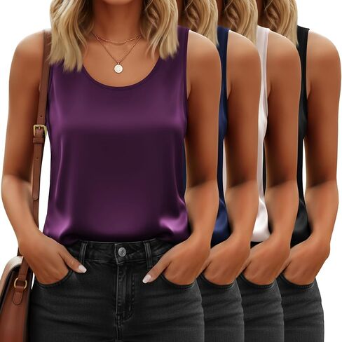 4 Pack Women's Silk Satin Tank Top Camisole Sleeveless Work Undershirt Scoop Neck Lightweight Blouse Dressy Shirt(Black, Champagne, Navy Blue, Charming Purple,X-Large) in Kuwait