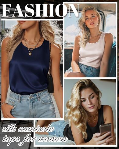 4 Pack Women's Silk Satin Tank Top Camisole Sleeveless Work Undershirt Scoop Neck Lightweight Blouse Dressy Shirt(Black, Champagne, Navy Blue, Charming Purple,X-Large) in Kuwait