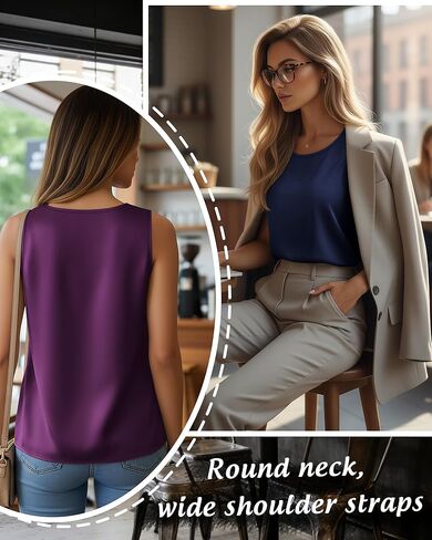 4 Pack Women's Silk Satin Tank Top Camisole Sleeveless Work Undershirt Scoop Neck Lightweight Blouse Dressy Shirt(Black, Champagne, Navy Blue, Charming Purple,X-Large) in Kuwait