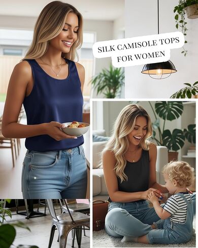 4 Pack Women's Silk Satin Tank Top Camisole Sleeveless Work Undershirt Scoop Neck Lightweight Blouse Dressy Shirt(Black, Champagne, Navy Blue, Charming Purple,X-Large) in Kuwait