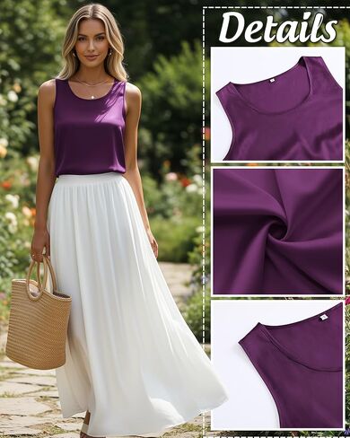 4 Pack Women's Silk Satin Tank Top Camisole Sleeveless Work Undershirt Scoop Neck Lightweight Blouse Dressy Shirt(Black, Champagne, Navy Blue, Charming Purple,X-Large) in Kuwait