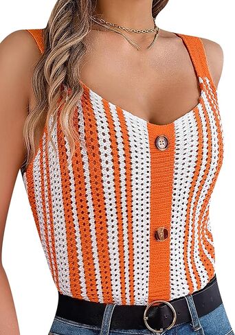 MAYRAIN Women V Neck Contrasting Color Tops Button Knit Vest Hollow Out Spaghetti Strap Tank Top in Saudi Arabia