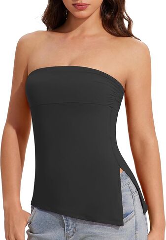 OMKAGI Double Lined Tube Tops for Women Trendy Off The Shoulder Side Split Going Out Tops in Kuwait