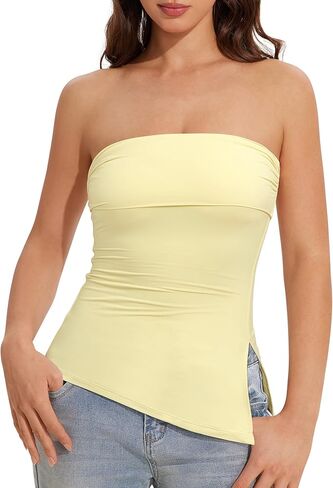 OMKAGI Double Lined Tube Tops for Women Trendy Off The Shoulder Side Split Going Out Tops in Kuwait