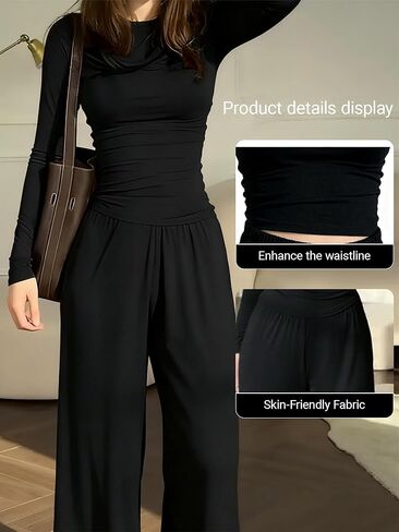 2 PCS Women Lounge Set Sweatshirt Fall Outfits Ruched Tops Wide Leg for Home and Relax in Saudi Arabia