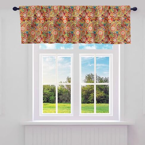 Paisley Valance Curtains for Living Room Bedroom Boho Paisley Floral Kitchen Curtains Valances Exotic Rod Pocket Window Treatment Curtain Valances for Windows Bathroom 1 Panel 52"x12" Red Orange in Saudi Arabia