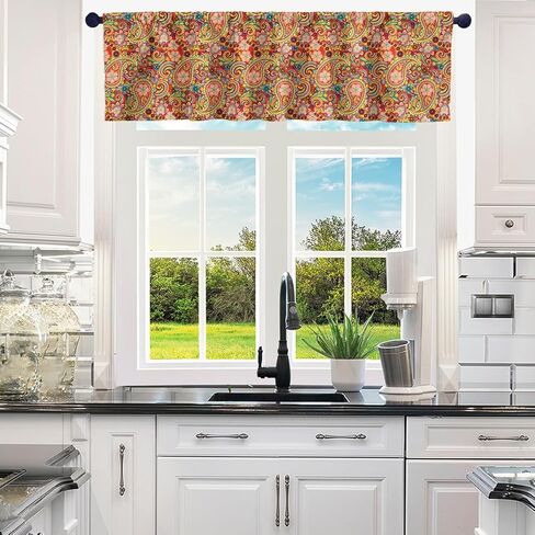 Paisley Valance Curtains for Living Room Bedroom Boho Paisley Floral Kitchen Curtains Valances Exotic Rod Pocket Window Treatment Curtain Valances for Windows Bathroom 1 Panel 52"x12" Red Orange in Saudi Arabia