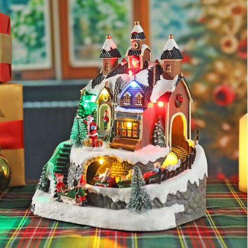 Christmas Village Houses, Hot Air Balloons Snow Mountain with LED Lighted and 8 Christmas Music, Christmas Animation Village Indoor Holiday Tabletop Decorations for Home Tabletop Gift in Saudi Arabia