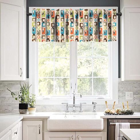 Mid Century Modern Valance Curtain Cute Black Cat Atomic Boho Abstract Geometric Vintage Rod Pocket Valance Curtains for Kitchen Living Room Bedroom Decor 54x18inch in Saudi Arabia