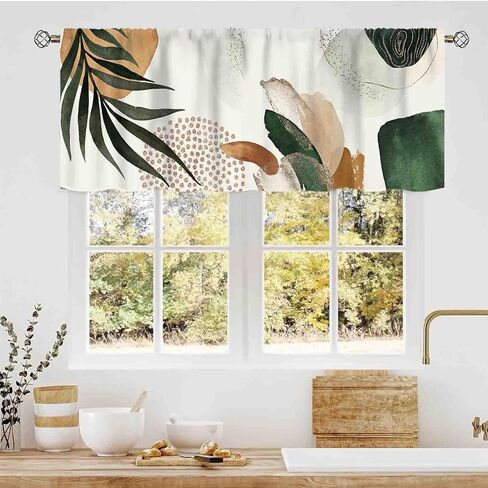 Mid Century Modern Valance Curtains, Boho Aesthetic Tropical Palm Leaves Abstract Minimalist Sage Green Rod Pocket Small Window Curtains for Kitchen Cafe Living Room Bedroom Bathroom, 54"x18" Inch in Saudi Arabia