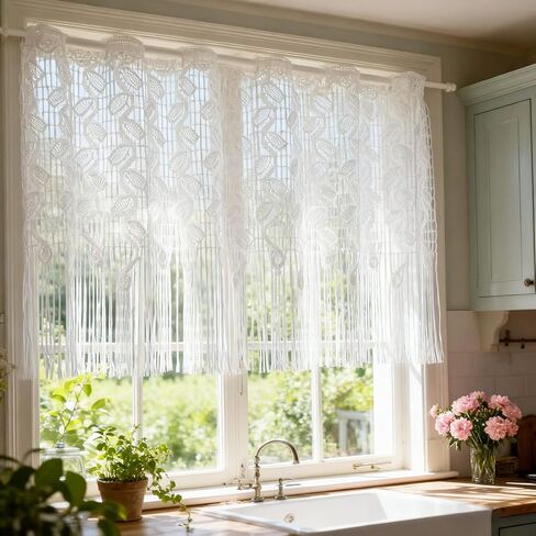 1 لوحة بيضاء الدانتيل ورقة نمط شير الستار الستارة للمطبخ نافذة صغيرة قضيب جيب ديكور الخصوصية جوفاء الدانتيل شرابة الطبقة الستائر للمقهى شرفة نافذة المدخل (أبيض، W43 L24 بوصة) in Kuwait