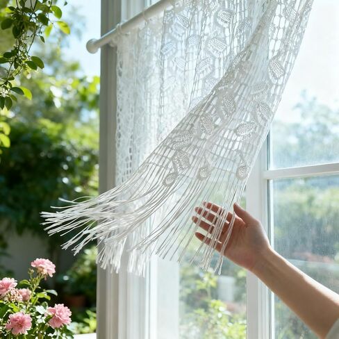 1 لوحة بيضاء الدانتيل ورقة نمط شير الستار الستارة للمطبخ نافذة صغيرة قضيب جيب ديكور الخصوصية جوفاء الدانتيل شرابة الطبقة الستائر للمقهى شرفة نافذة المدخل (أبيض، W43 L24 بوصة) in Kuwait