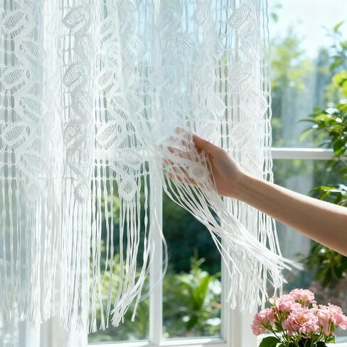 1 لوحة بيضاء الدانتيل ورقة نمط شير الستار الستارة للمطبخ نافذة صغيرة قضيب جيب ديكور الخصوصية جوفاء الدانتيل شرابة الطبقة الستائر للمقهى شرفة نافذة المدخل (أبيض، W43 L24 بوصة) in Kuwait