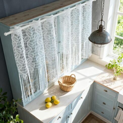 1 لوحة بيضاء الدانتيل ورقة نمط شير الستار الستارة للمطبخ نافذة صغيرة قضيب جيب ديكور الخصوصية جوفاء الدانتيل شرابة الطبقة الستائر للمقهى شرفة نافذة المدخل (أبيض، W43 L24 بوصة) in Kuwait