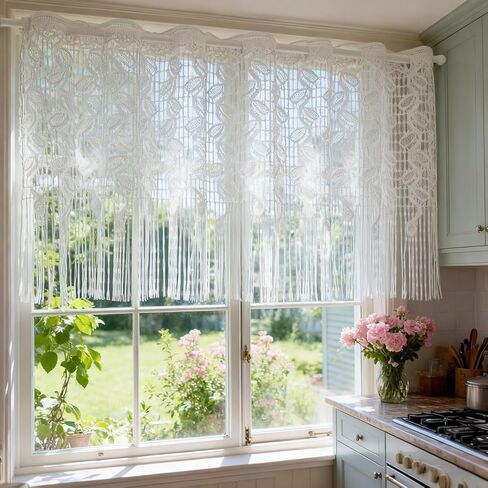 1 لوحة بيضاء الدانتيل ورقة نمط شير الستار الستارة للمطبخ نافذة صغيرة قضيب جيب ديكور الخصوصية جوفاء الدانتيل شرابة الطبقة الستائر للمقهى شرفة نافذة المدخل (أبيض، W43 L24 بوصة) in Kuwait