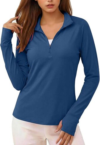 Womens Sun Shirt Summer Long Sleeve Mock Neck UPF50+ UV Tops with Thumb Hole Quarter Zip Up Quick Dry Hiking Shirts in Saudi Arabia