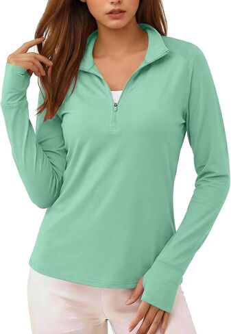 Womens Sun Shirt Summer Long Sleeve Mock Neck UPF50+ UV Tops with Thumb Hole Quarter Zip Up Quick Dry Hiking Shirts in Saudi Arabia