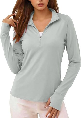 Womens Sun Shirt Summer Long Sleeve Mock Neck UPF50+ UV Tops with Thumb Hole Quarter Zip Up Quick Dry Hiking Shirts in Saudi Arabia