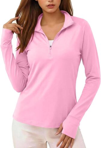 Womens Sun Shirt Summer Long Sleeve Mock Neck UPF50+ UV Tops with Thumb Hole Quarter Zip Up Quick Dry Hiking Shirts in Saudi Arabia