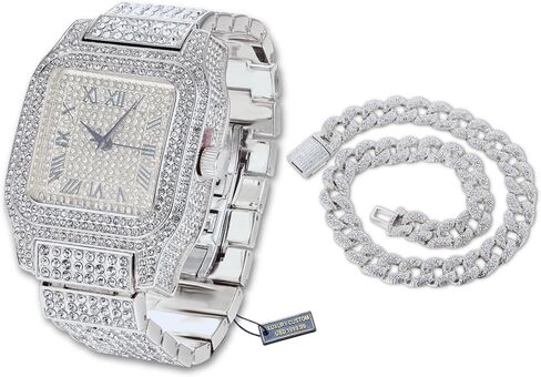 Halukakah Moissanite Diamond Gold Watch for Men - Luxury 18k Real Gold/Platinum White Gold Plated,Basic Waterproof,Swiss Quartz Roman Numerals Square Face Dial,200G Heavy-Made,3-Sides Iced Out,9.5" Wristband - Giftbox Included,Gift for Son Grandson Boyfre in Kuwait