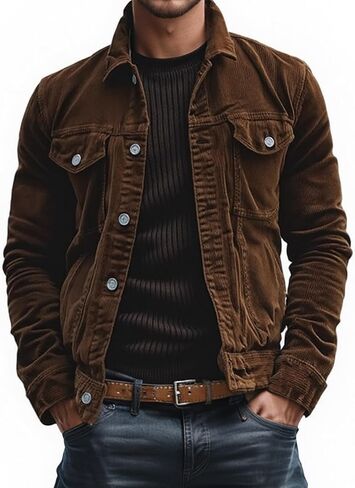 Men's Vintage Corduroy Lapel Jacket,Single Breasted Work Coat with Multi Pockets,Durable Warm Outerwear,Casual in Saudi Arabia