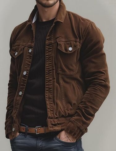 Men's Vintage Corduroy Lapel Jacket,Single Breasted Work Coat with Multi Pockets,Durable Warm Outerwear,Casual in Saudi Arabia