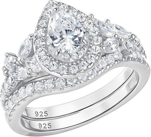 925 Sterling Silver Pear Cut Halo Wedding Engagement Rings Set for Women Bridal Ring Sets AAAAA Cubic Zirconia Promise Band Anniversary Size 5-10 in Kuwait