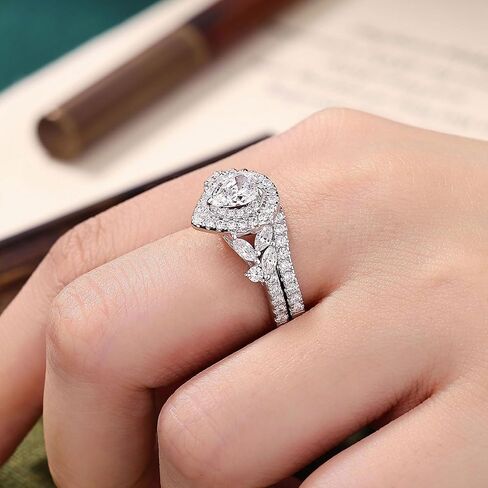 925 Sterling Silver Pear Cut Halo Wedding Engagement Rings Set for Women Bridal Ring Sets AAAAA Cubic Zirconia Promise Band Anniversary Size 5-10 in Kuwait