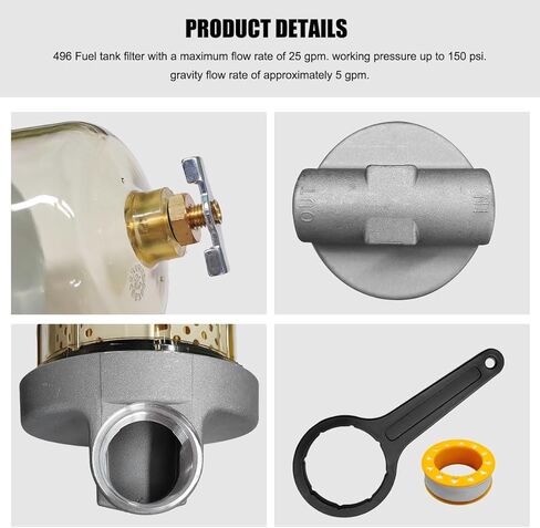 496 Fuel Tank Filter Assembly, 30 Micron Max 25 Gpm 150 Psi Diesel Water Separator with Wrench & Tape, Diesel Fuel Tank Filter Replacement with 1" NPT Top Cap Replace# B10-AL in Kuwait
