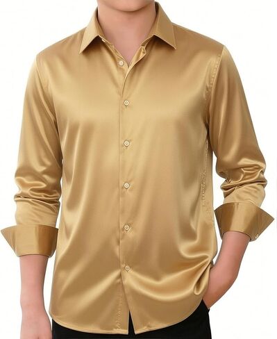 Hi-Tie Boys Satin Long Sleeve Dress Shirt Luxrury Regular Fit Formal Wedding Party Button Down Shirt for Kids in Saudi Arabia