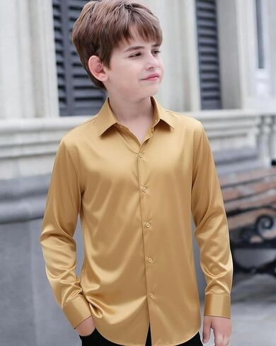 Hi-Tie Boys Satin Long Sleeve Dress Shirt Luxrury Regular Fit Formal Wedding Party Button Down Shirt for Kids in Saudi Arabia