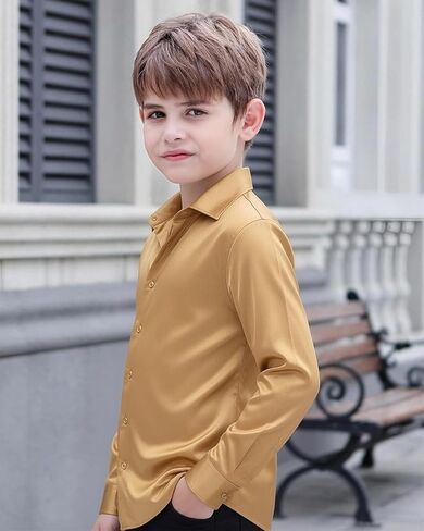 Hi-Tie Boys Satin Long Sleeve Dress Shirt Luxrury Regular Fit Formal Wedding Party Button Down Shirt for Kids in Saudi Arabia