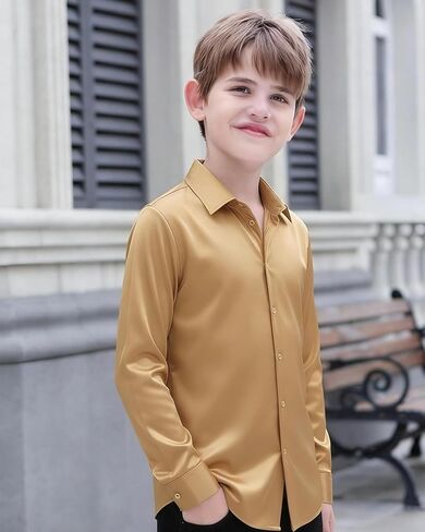 Hi-Tie Boys Satin Long Sleeve Dress Shirt Luxrury Regular Fit Formal Wedding Party Button Down Shirt for Kids in Saudi Arabia