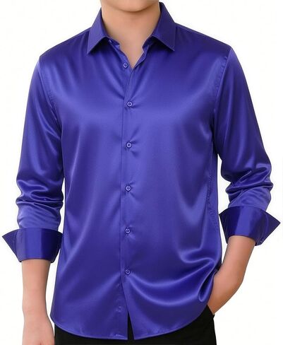 Hi-Tie Boys Satin Long Sleeve Dress Shirt Luxrury Regular Fit Formal Wedding Party Button Down Shirt for Kids in Saudi Arabia