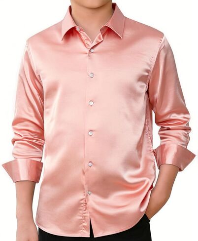 Hi-Tie Boys Satin Long Sleeve Dress Shirt Luxrury Regular Fit Formal Wedding Party Button Down Shirt for Kids in Saudi Arabia