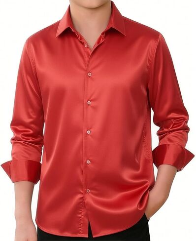 Hi-Tie Boys Satin Long Sleeve Dress Shirt Luxrury Regular Fit Formal Wedding Party Button Down Shirt for Kids in Saudi Arabia