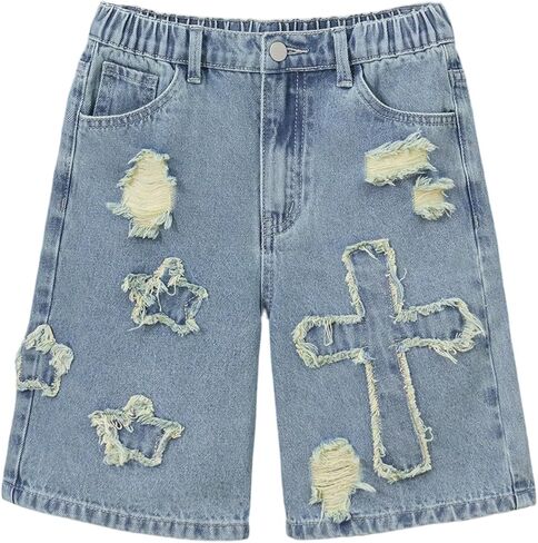 SHENHE Boy's Y2K Gothic Distressed Denim Shorts Cross Graphic Ripped Jean Bermuda Shorts Jorts in Saudi Arabia