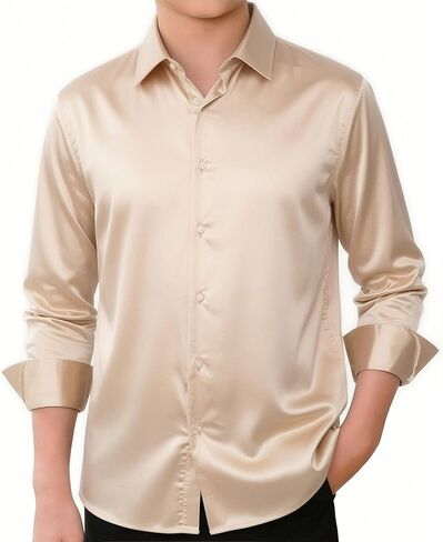 Hi-Tie Boys Satin Long Sleeve Dress Shirt Luxrury Regular Fit Formal Wedding Party Button Down Shirt for Kids in Saudi Arabia