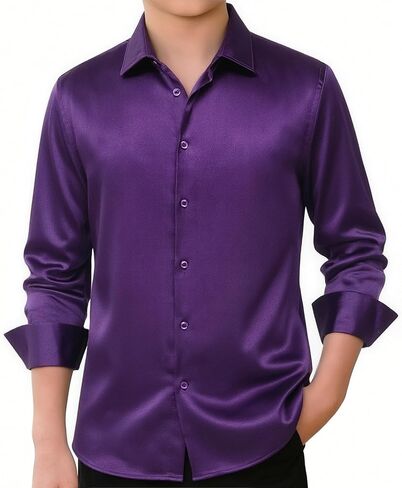 Hi-Tie Boys Satin Long Sleeve Dress Shirt Luxrury Regular Fit Formal Wedding Party Button Down Shirt for Kids in Saudi Arabia