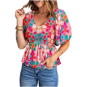 Womens Short Sleeve Tops Tunic Fashion Deep V-Neck Smocked Ruffle Floral Print Loose Fit Flowy Chiffon T Shirt Blouse in Kuwait
