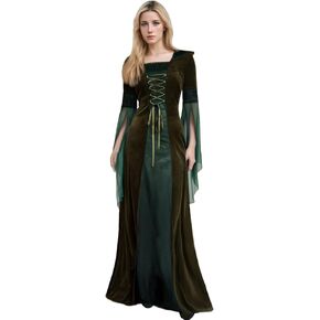 YOYEMAN Women Medieval Lace Up Dress Vintage Hooded Dress Renaissance Trumpet Sleeve Dress Halloween Party Costume in Kuwait