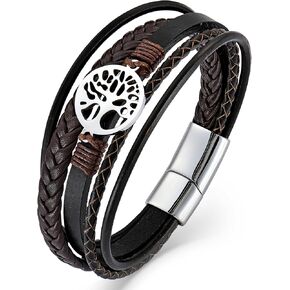 Mens Leather Multi-Strand Bracelet Stainless Steel Tree of Life Braided Jewelry with silver/black/gold/coffee color in Kuwait
