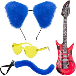 4PCS Blue Cat Costume Set Blue Cat Ears And Tail Yellow Glasses Inflatable Red Guitar for Halloween Cosplay Book Day Dress Up Party in Kuwait