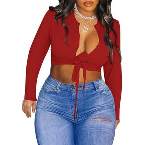 LovelyWholesale كم طويل قمم المحاصيل للنساء مثير التعادل الجبهة الأعلى العميق الخامس الرقبة تي شيرت Clubwear in Kuwait