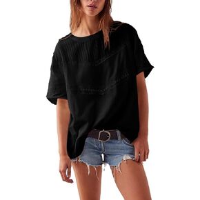 المرأة الصيف عارضة القطن قمم الدانتيل الكروشيه العيينة القمصان Crewneck قصيرة الأكمام البلوزات in Kuwait